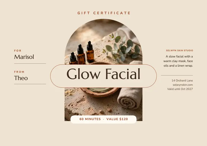 Selwyn Skin Studio facial gift certificate template