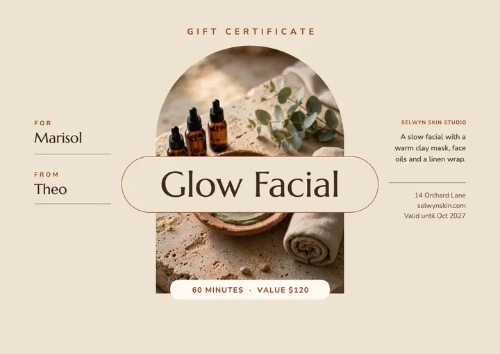 Selwyn Skin Studio facial gift certificate template