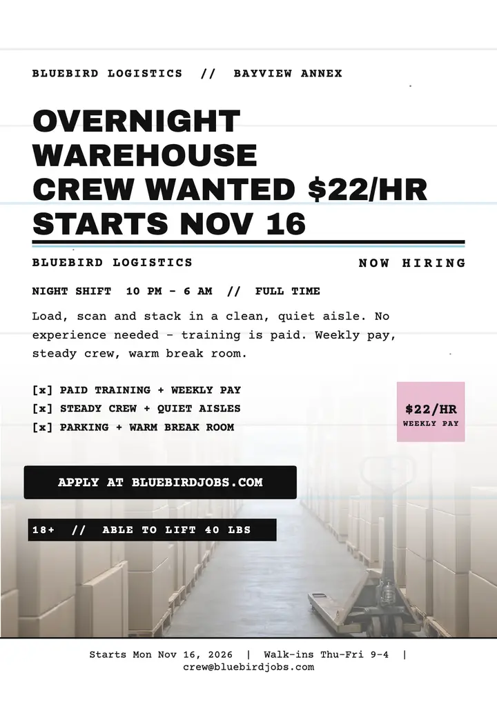 Bluebird overnight warehouse crew flyer template