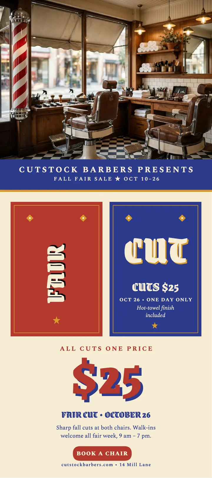 Cutstock Barbers fall fair cut rack card: barber sale rack card template