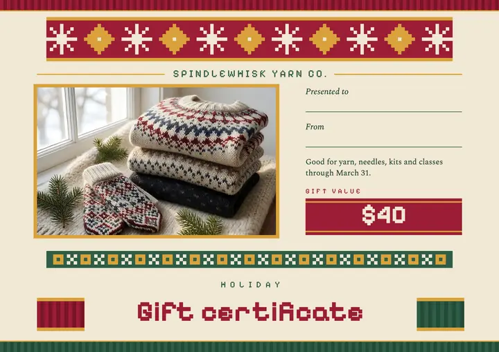 Holiday yarn shop gift certificate, Fair Isle knit template