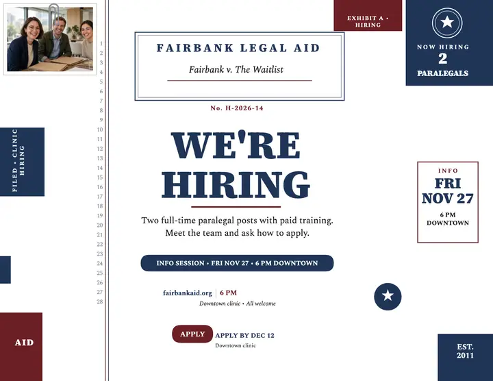 Fairbank Legal Aid hiring paralegals flyer template
