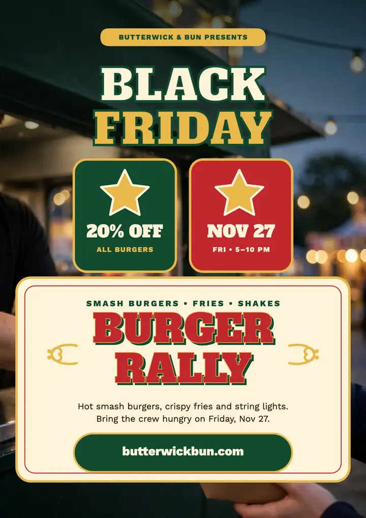 Butterwick and Bun Black Friday rally flyer: burger rally flyer template