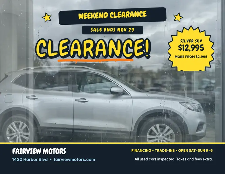 Fairview Motors weekend clearance flyer: car clearance flyer template