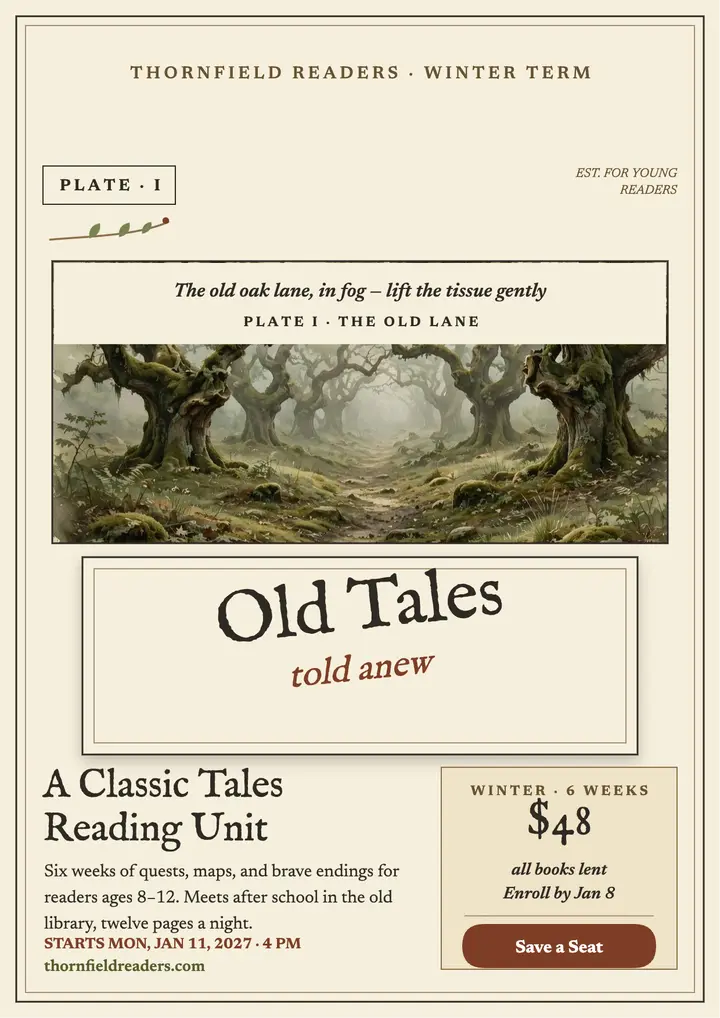 Old tales reading unit gift-book flyer template