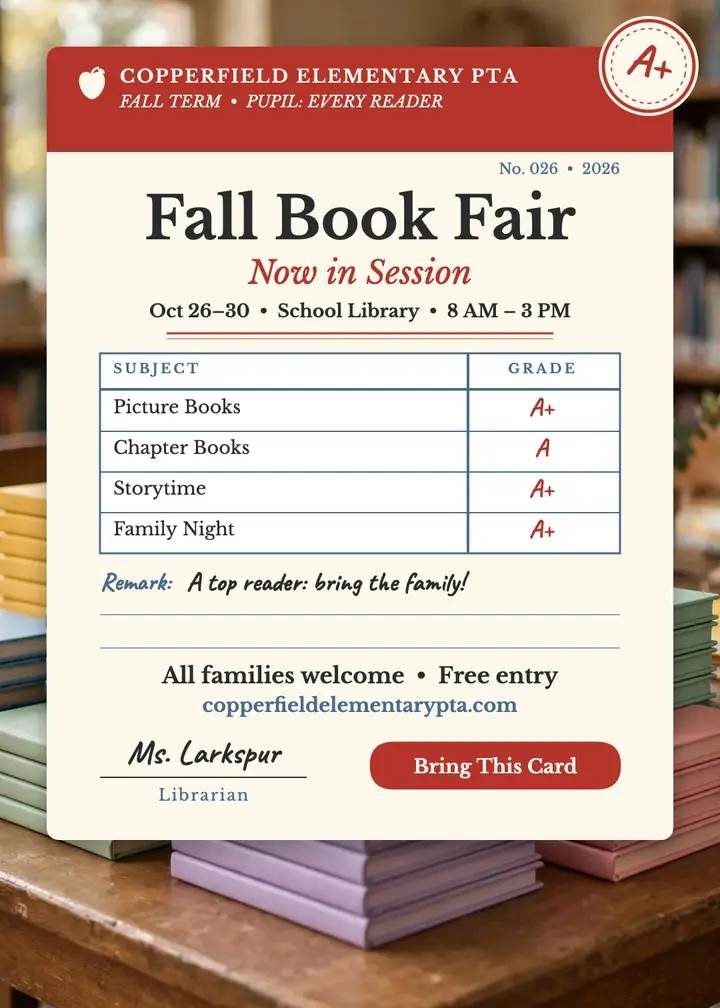 Fall Book Fair report card invitation template