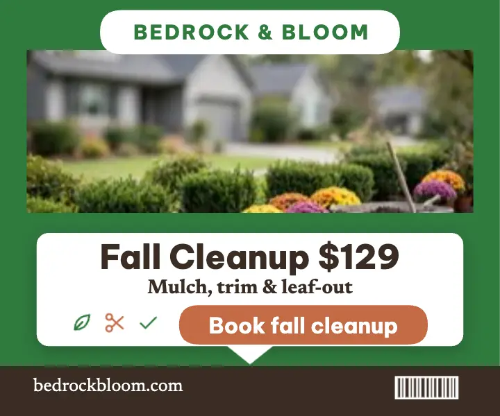 Bedrock and Bloom fall cleanup stake ad: fall cleanup ad template