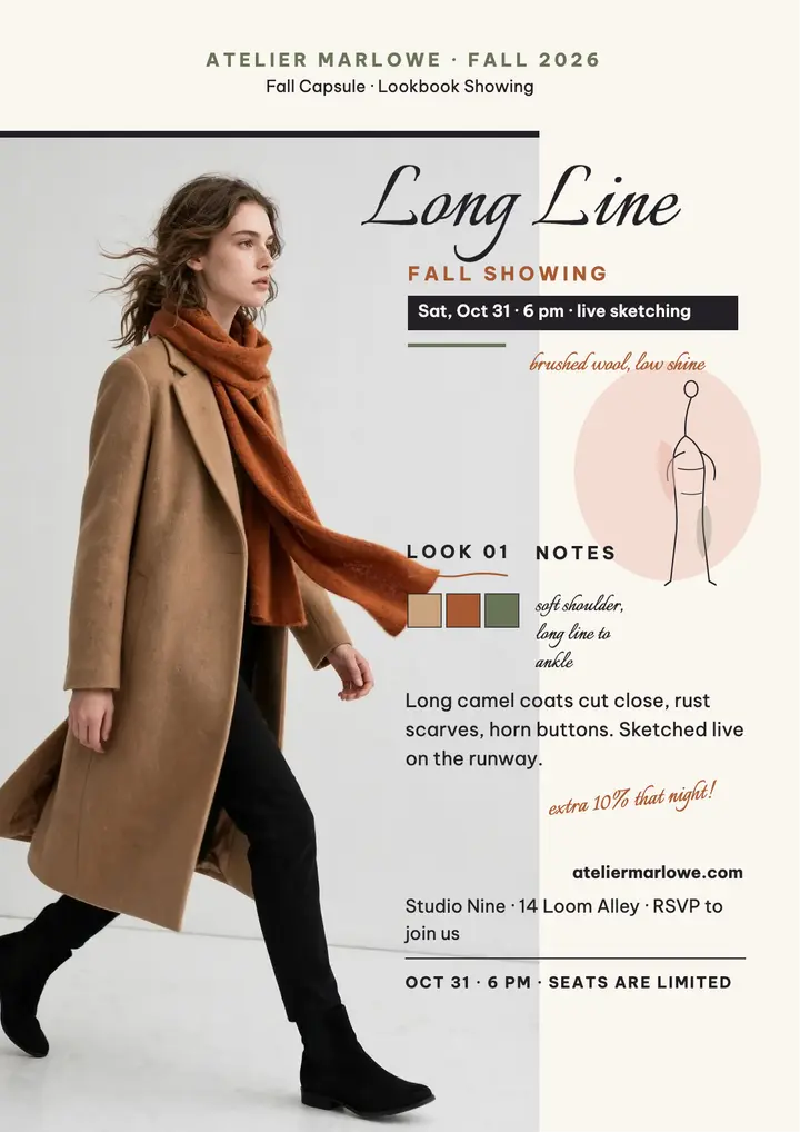 Atelier Marlowe fall coat showing flyer template