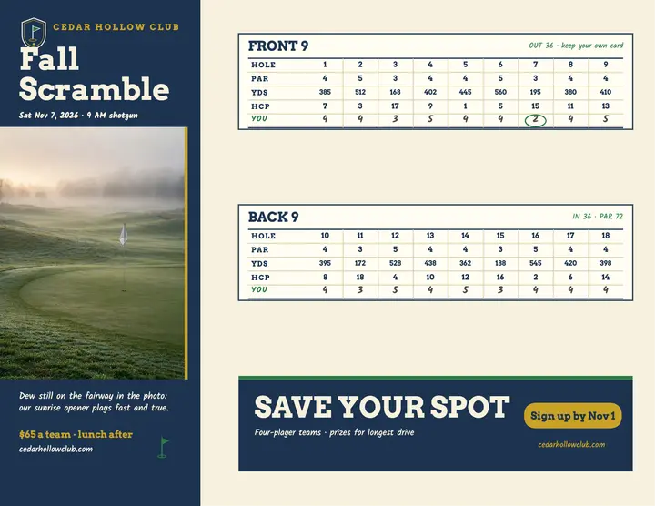 Cedar Hollow fall scramble scorecard flyer: golf scramble flyer template