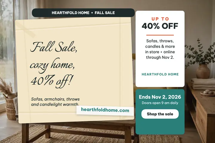 Hearthfold Home fall sale note postcard: fall sale postcard template