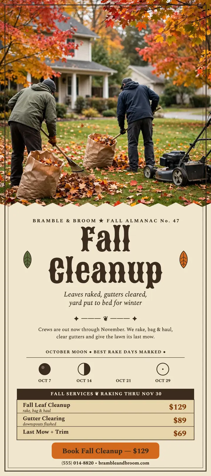 Bramble and Broom fall cleanup almanac card: leaf cleanup rack card template