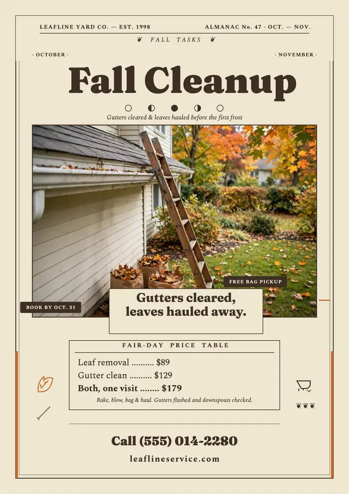 Leafline fall leaf and gutter flyer: fall cleanup flyer template
