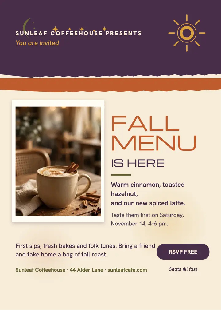 Sunleaf fall menu invitation, spiced latte template