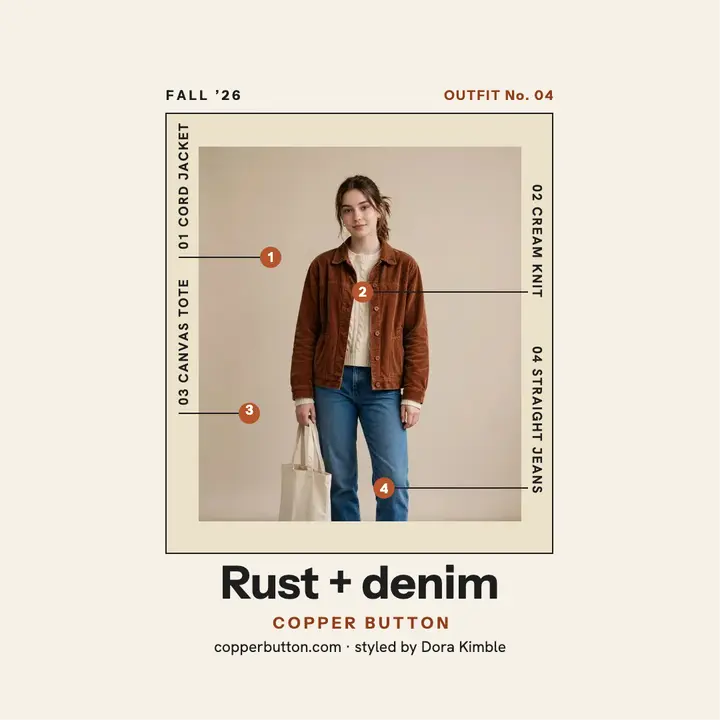 Rust and denim fall outfit callouts template