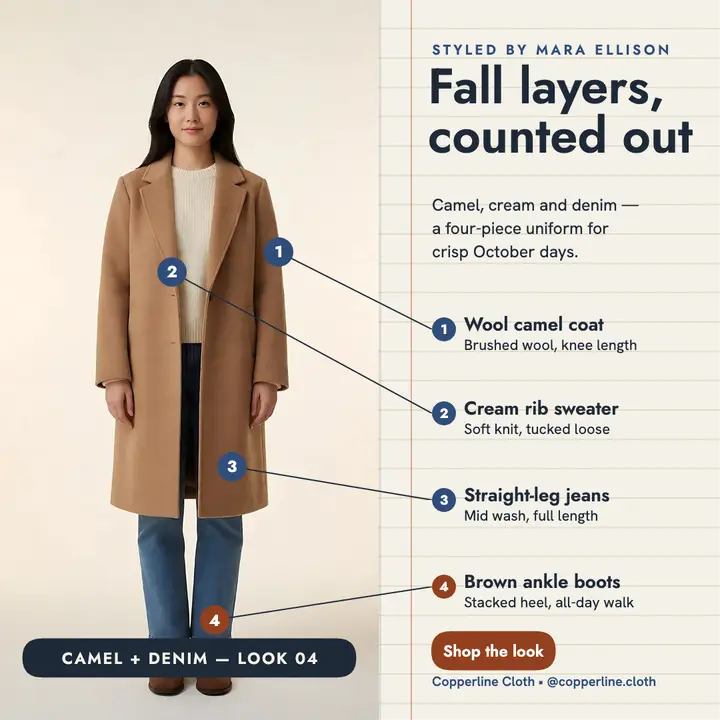 Fall camel coat outfit callouts post template