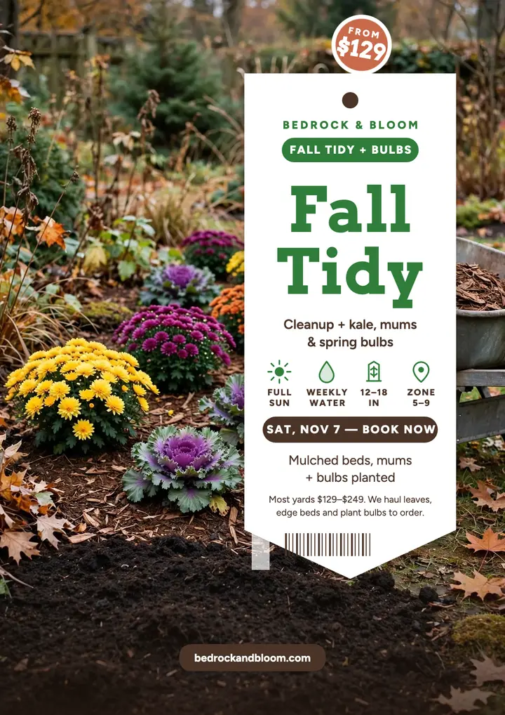 Bedrock and Bloom fall tidy flyer template