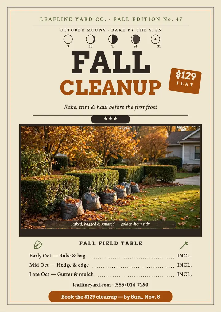 Leafline fall cleanup almanac flyer: fall yard cleanup flyer template