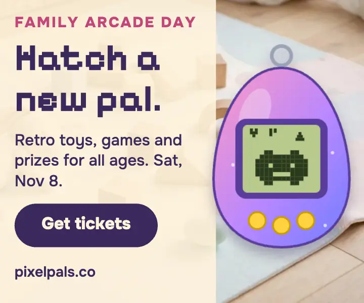 Pixel Pals family arcade day: family arcade day ad template