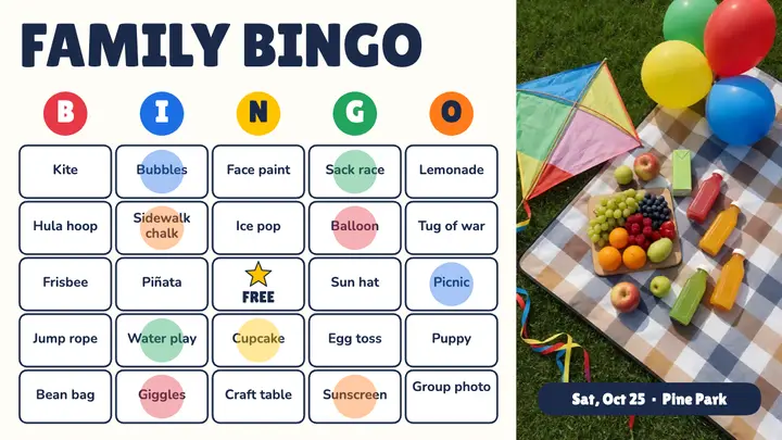 Family fun day bingo thumbnail template