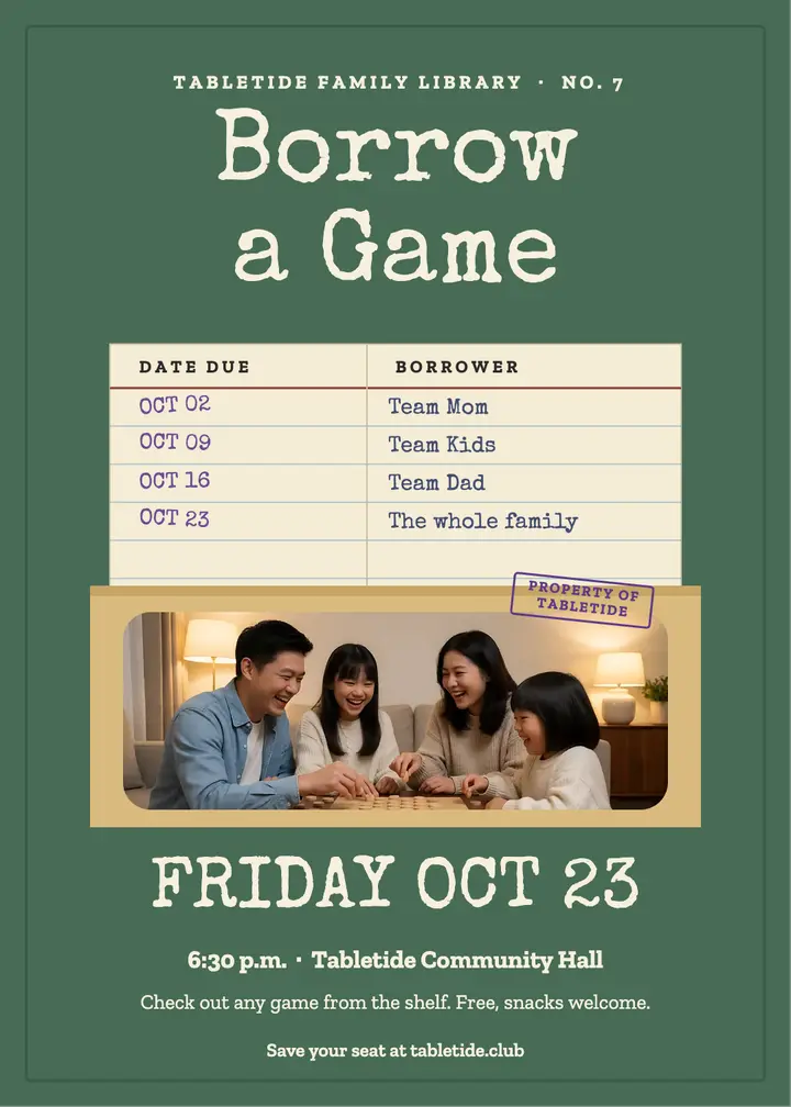 Family game library night, checkout card: family game night invitation template
