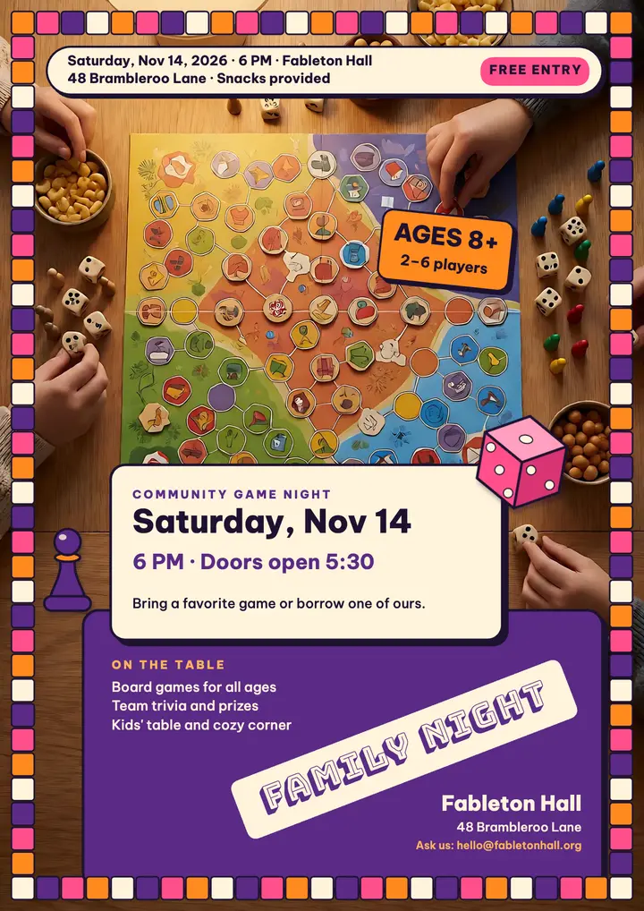 Fableton Hall family game night flyer: family game night flyer template