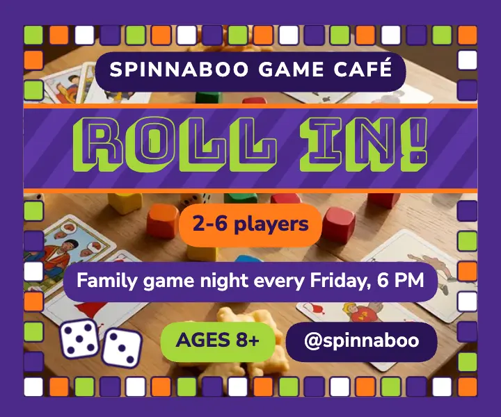 Spinnaboo family game night ad, board-game box template