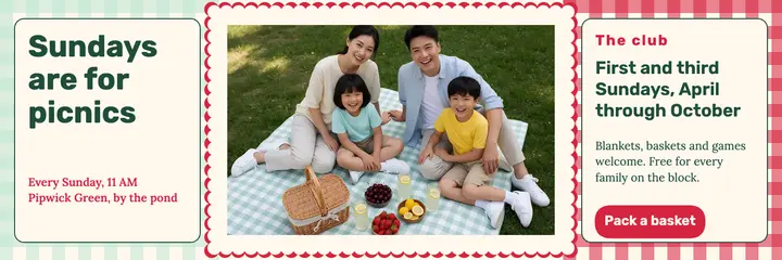 Bramblepip Picnics family picnic club header, gingham template