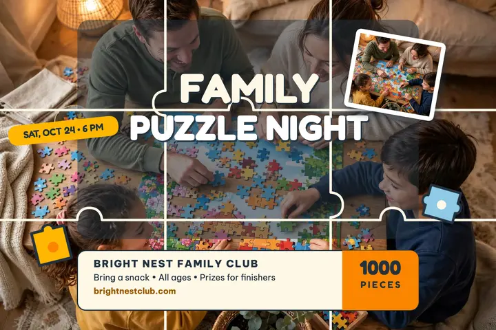 Bright Nest family puzzle night postcard: family puzzle night postcard template
