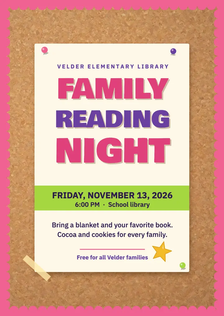 Velder Elementary family reading night bulletin board flyer template