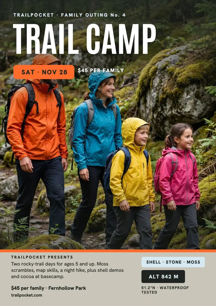 Trailpocket Family Trail Camp flyer: family trail camp flyer template