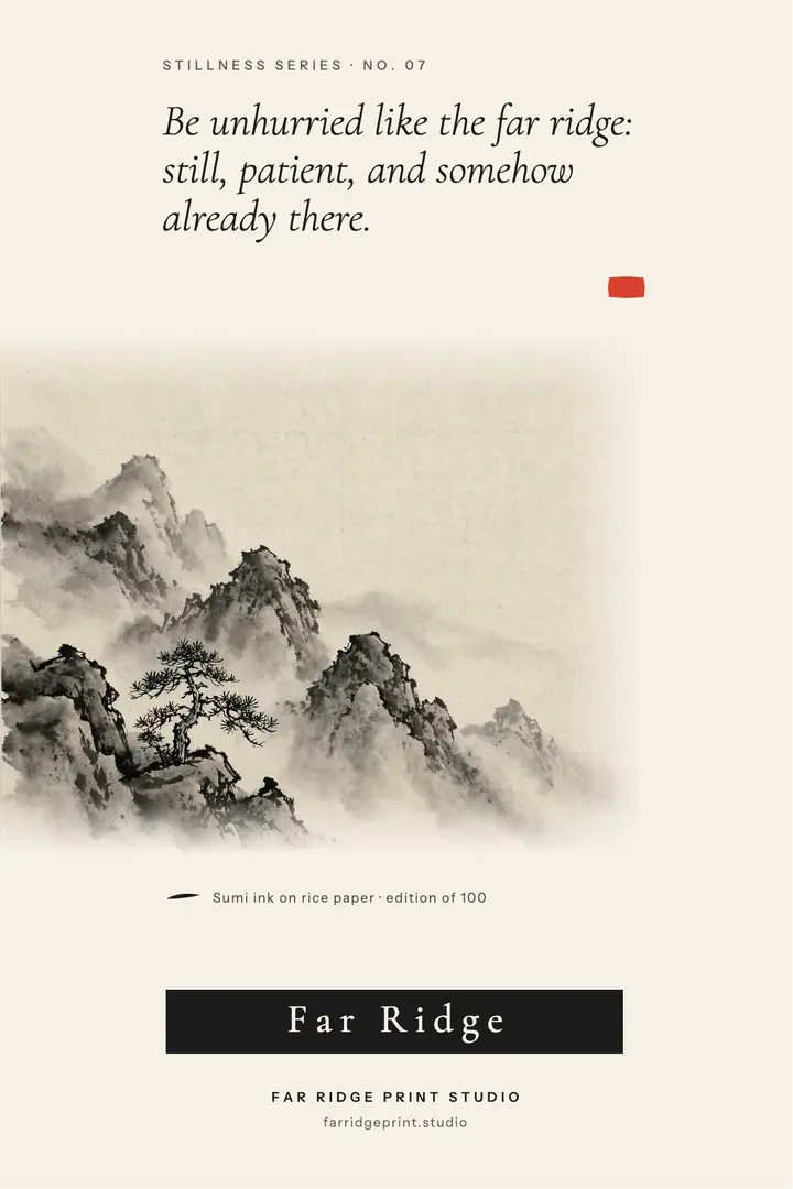 Far Ridge unhurried quote poster, sumi-e ink wash template