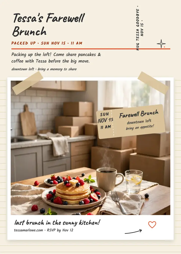 Tessa farewell brunch journal invite: farewell brunch invitation template