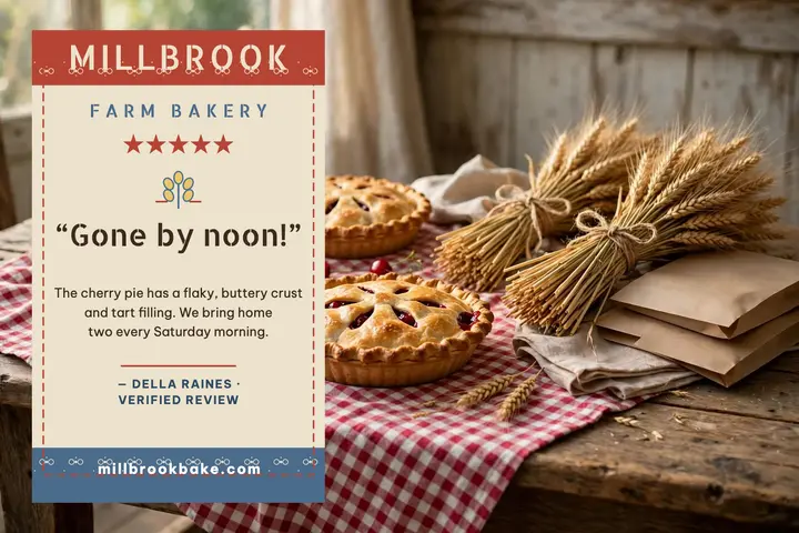 Millbrook Farm Bakery cherry pie review postcard: bakery review postcard template