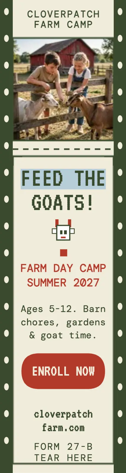 Cloverpatch farm day camp enrollment ad: farm camp ad template