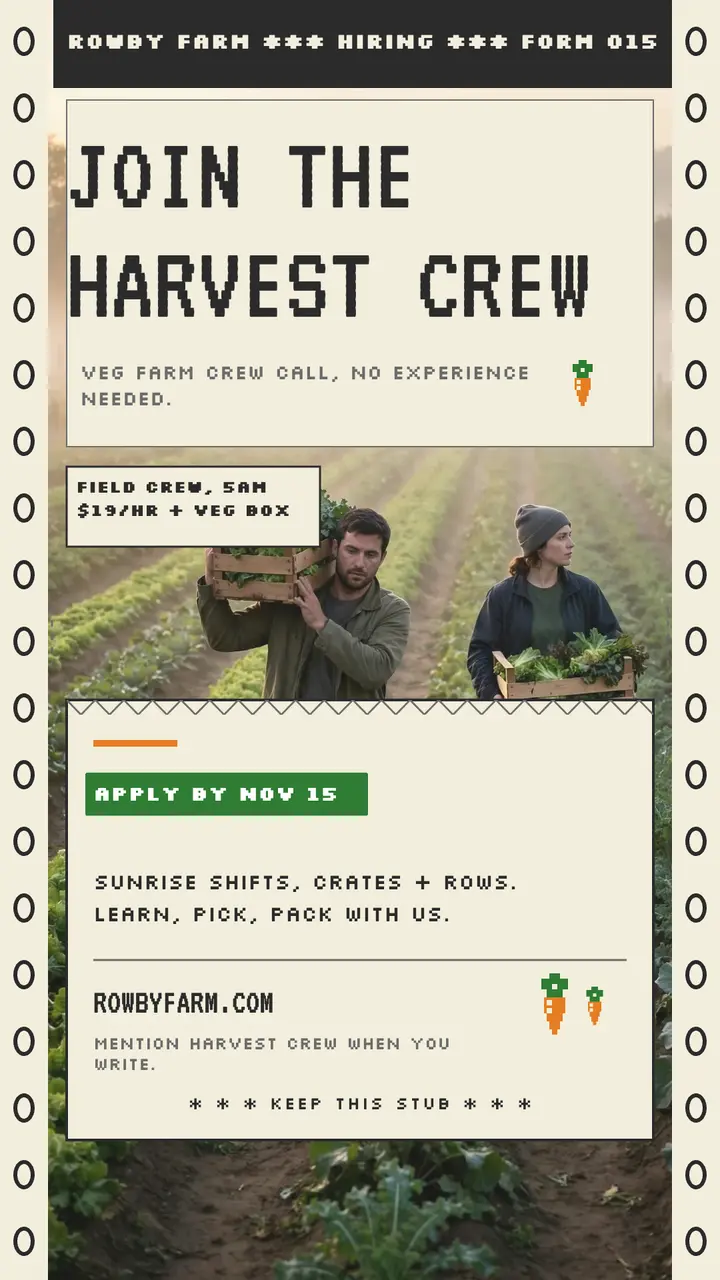 Rowby Farm harvest crew dot matrix story template