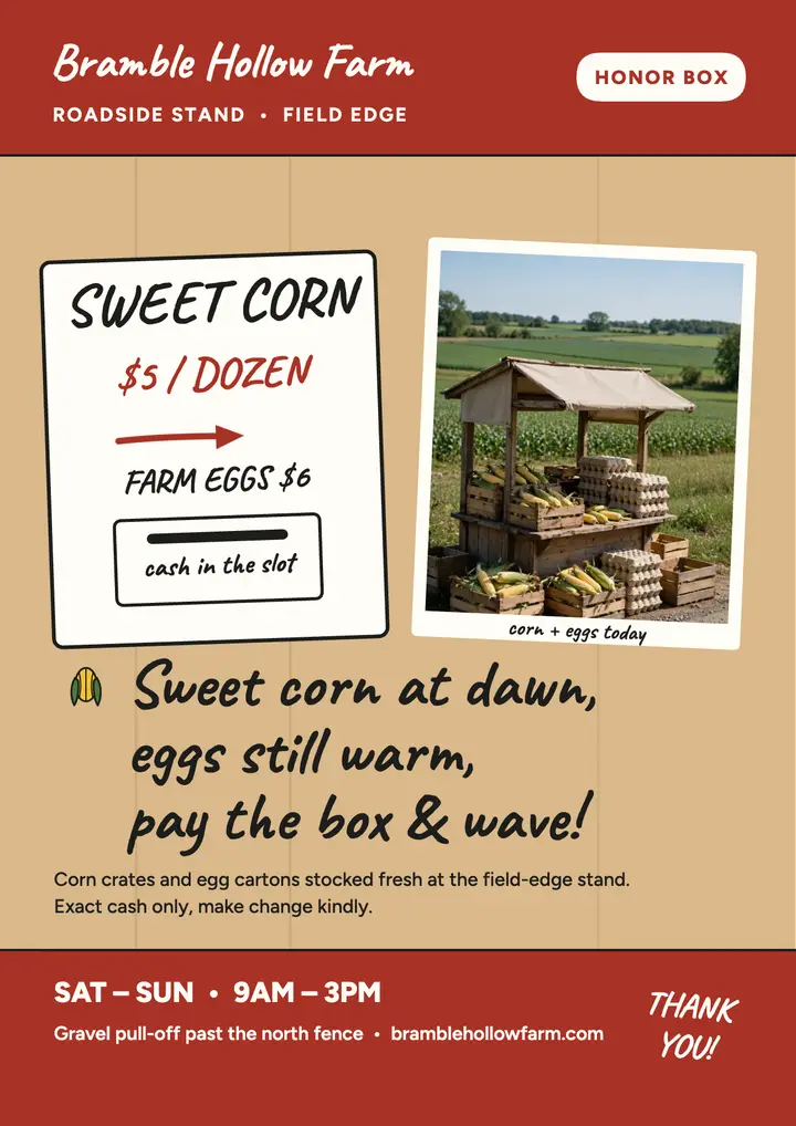 Bramble Hollow corn and eggs stand flyer template