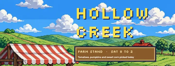 Hollow Creek farm stand pixel art cover template
