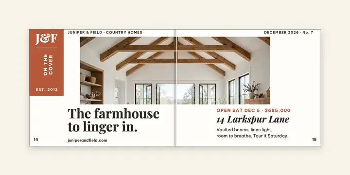Larkspur farmhouse magazine spread post template