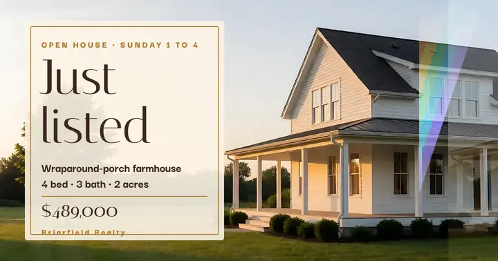 Farmhouse just listed open house Facebook post, prism refraction template