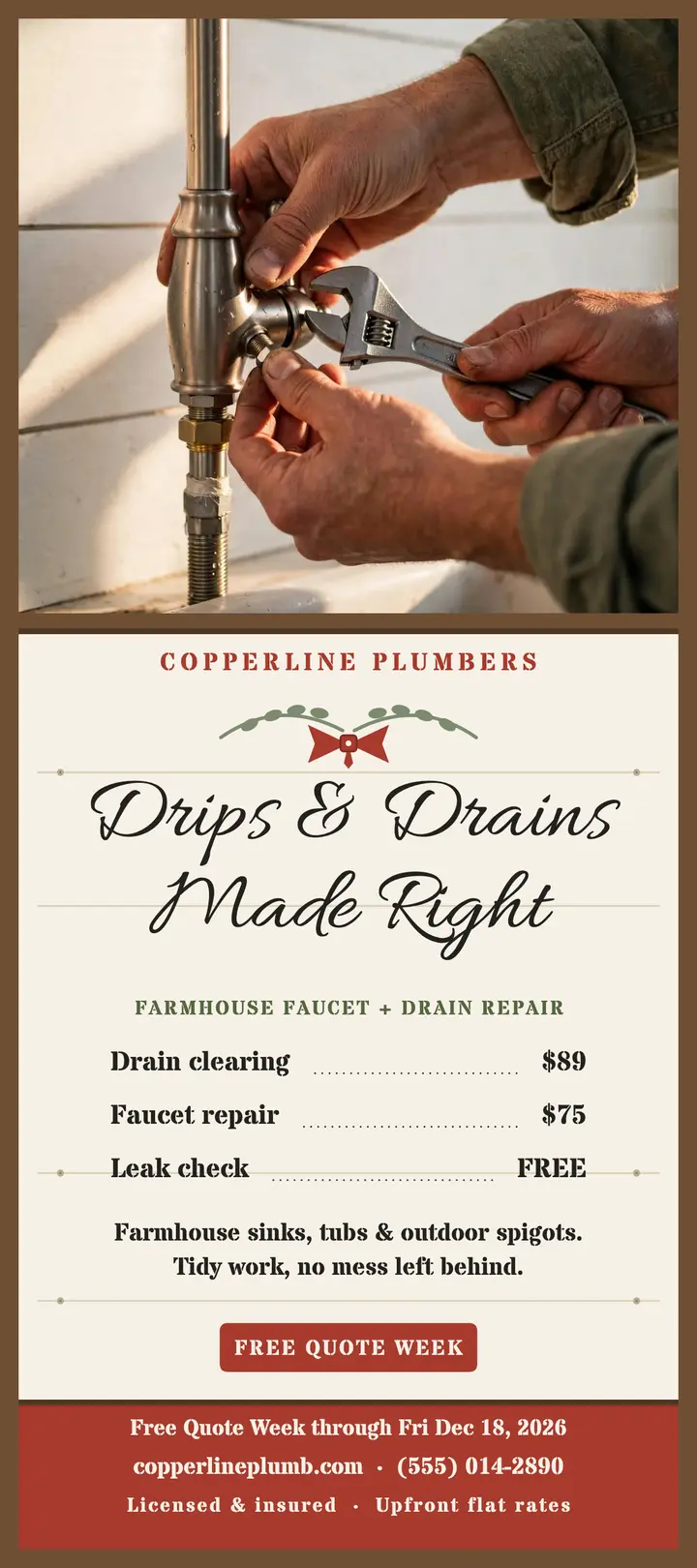 Copperline farmhouse plumber rack card template