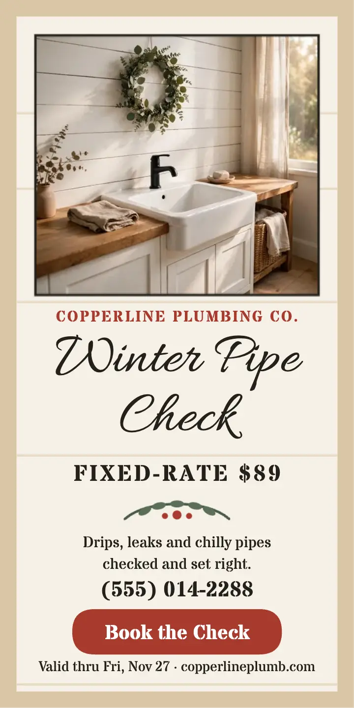 Copperline winter pipe check farmhouse ad: plumber winter check ad template