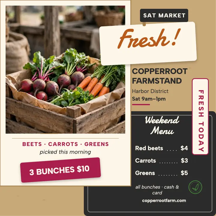 Copperroot weekend farm menu square post template