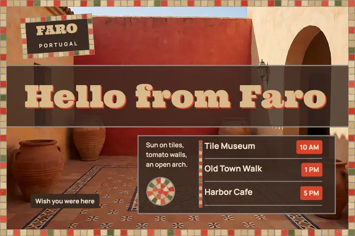 Hello from Faro tile courtyard postcard template