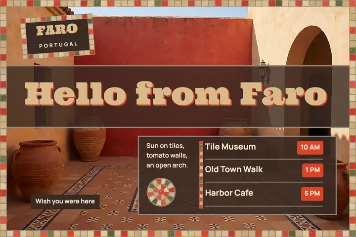 Hello from Faro tile courtyard postcard: travel postcard template