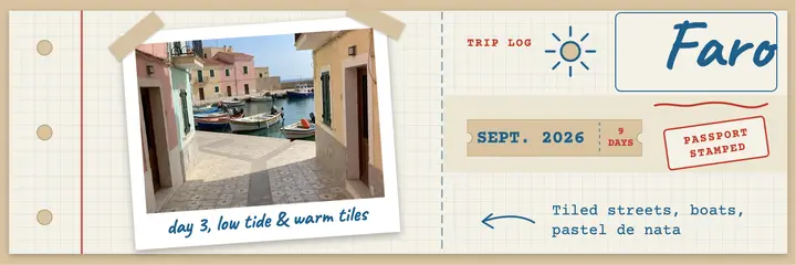 Faro trip log blog header, travel journal template
