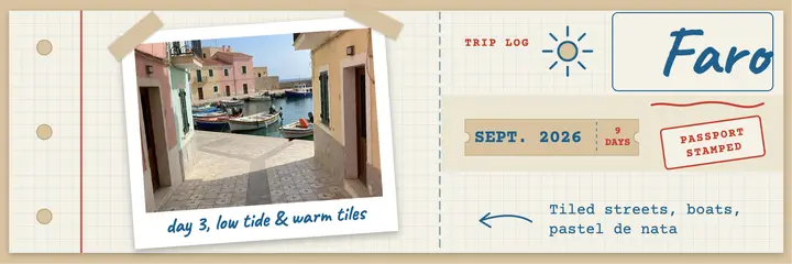Faro trip log blog header, travel journal template