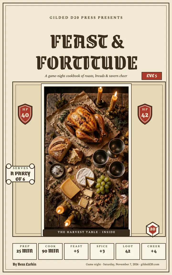 Feast and Fortitude game night cookbook cover: game night cookbook cover template