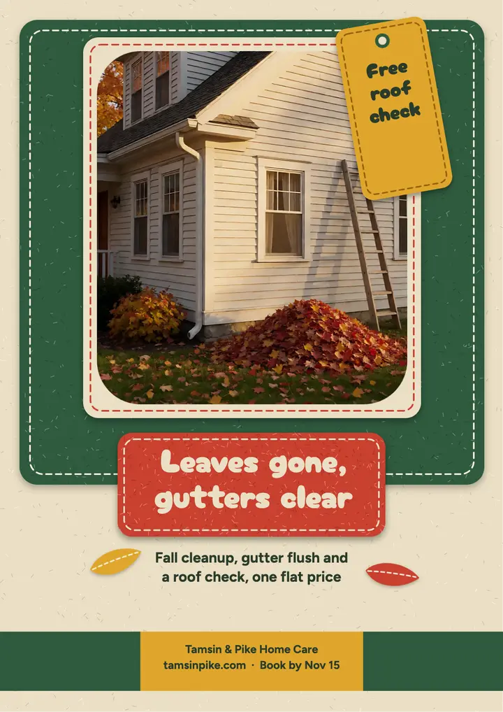 Tamsin and Pike Home Care: fall gutter cleaning flyer template