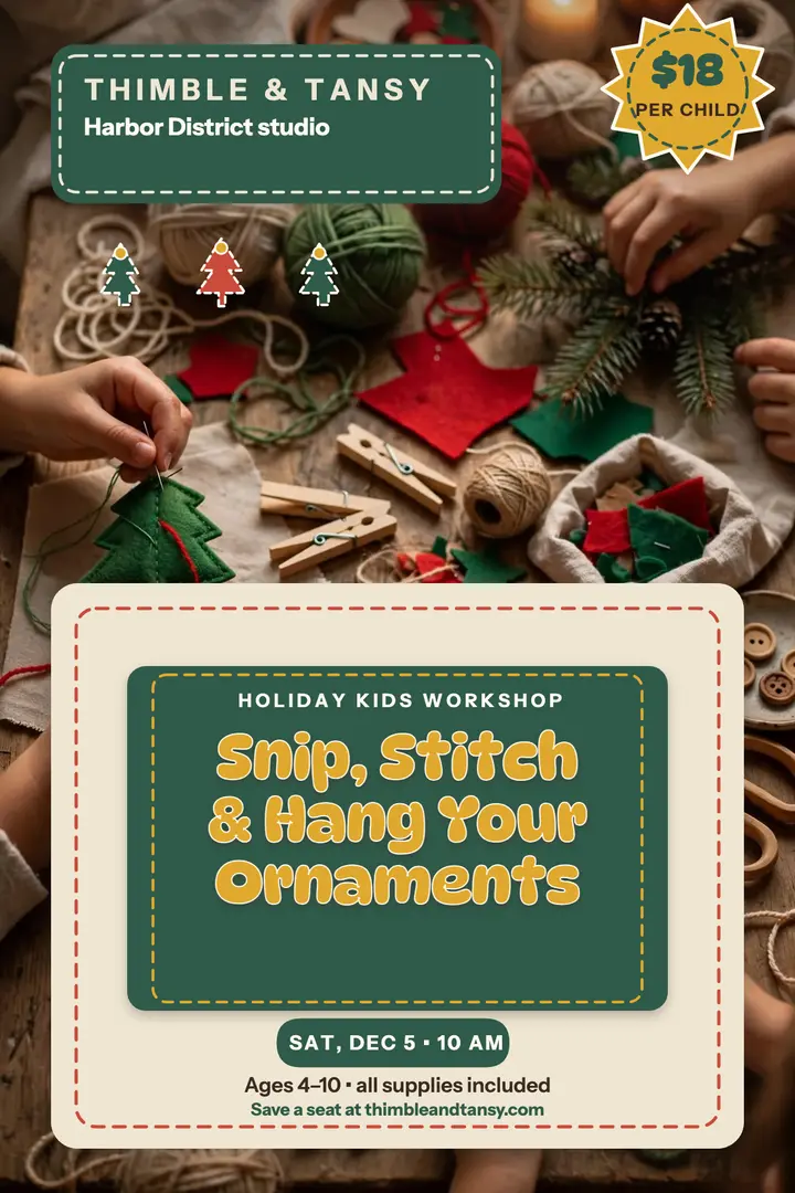 Thimble and Tansy felt ornament workshop poster: kids holiday craft workshop poster template