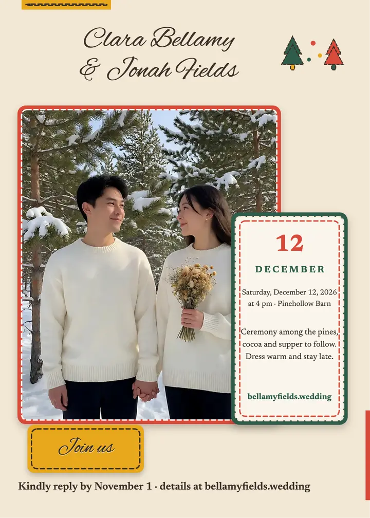 Felt winter wedding invite, Clara and Jonah template
